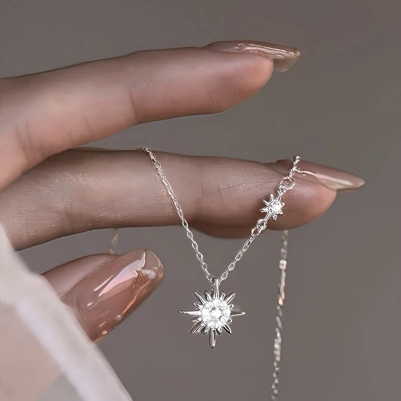 Silver Plating Sun Pendant Necklace with White Decor, Elegant and Sexy Chain Jewelry, Gifts for Women with Gift Box