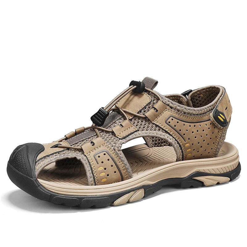 Custom LOGO Service in Ready Stock Rubber Sole Anti Slip Large Size Pure Cow Leather Men Summer Adjustable Closed Toe Sandals