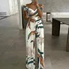 Cross Waisted Drop Shoulder Printed Wide Leg Women's Jumpsuit Sehe Fashion