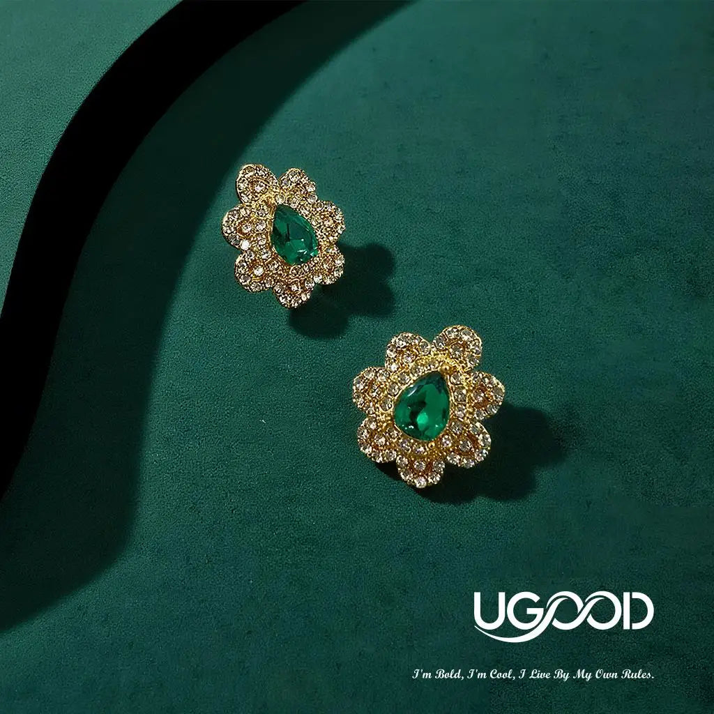 UGood Emerald Gem Zicron Brass Set Elegant Brass Necklace Earrings Ring for Party Fashion Jewelry for Amplifying Aesthetic