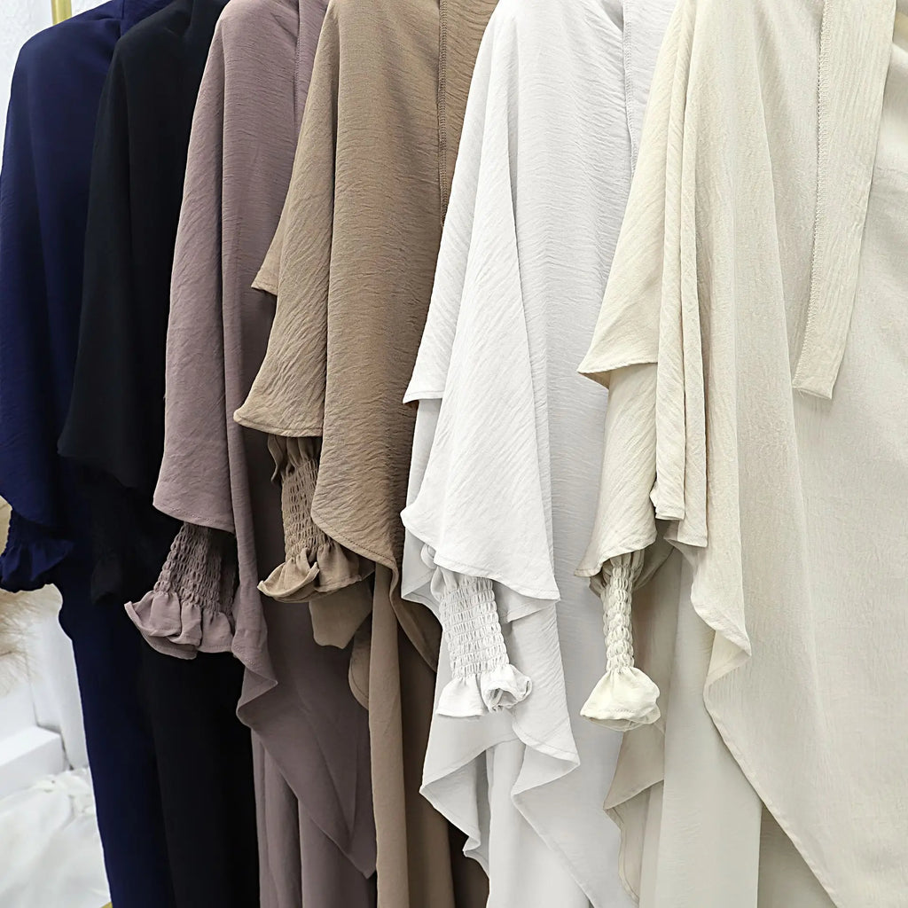 2025 Multi-Color Ruched Sleeve Muslim Abaya and Hijab Set for Women Casual Islamic Clothing with Flowy Design