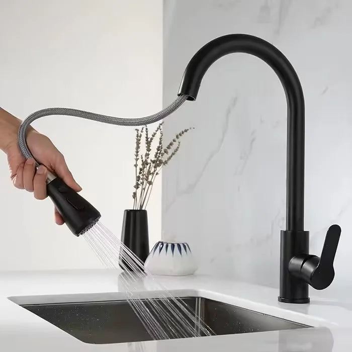 Hot Selling Stainless Steel Black Faucet  Kitchen One Key Water Stop and Pull-out Faucet