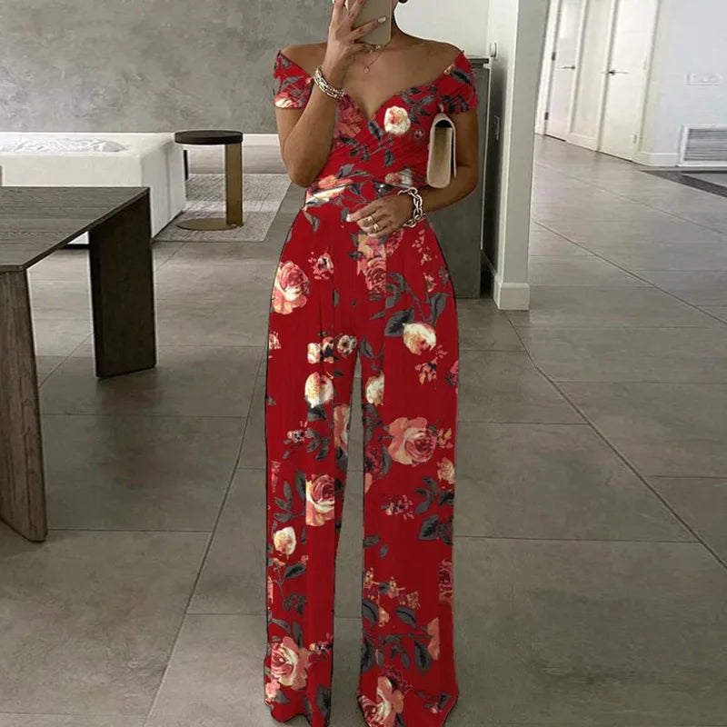 Cross Waisted Drop Shoulder Printed Wide Leg Women's Jumpsuit Sehe Fashion
