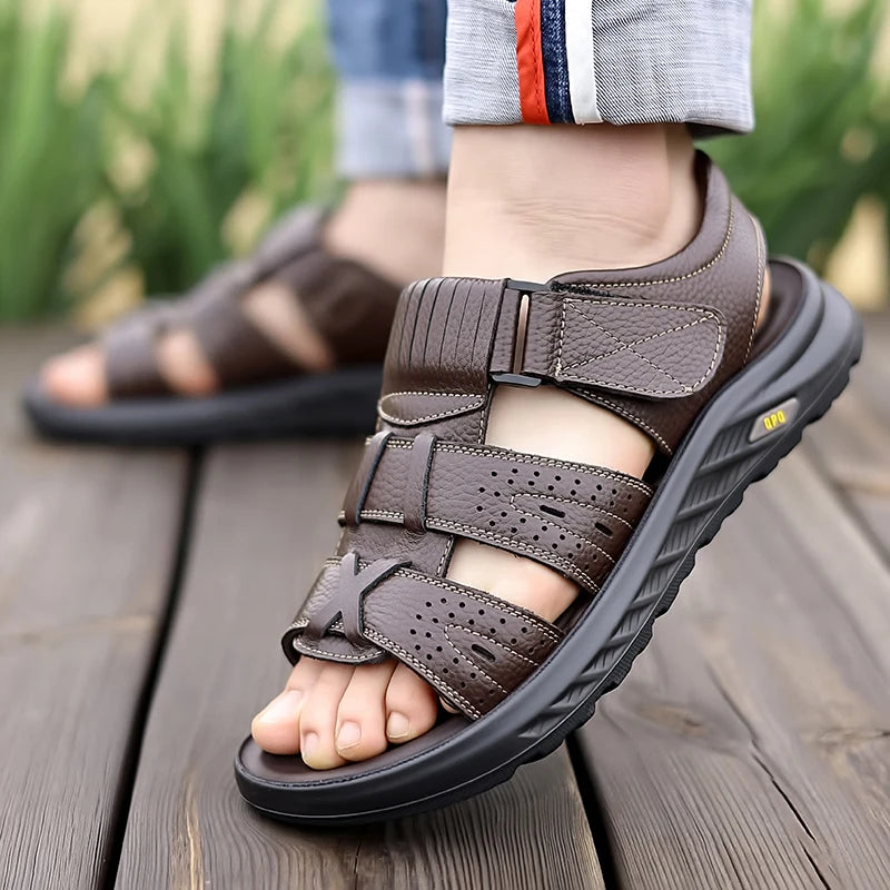 New Arrival White Men Genuine Leather Sandals High Quality Summer Flat Cowhide Shoes 2025 Factory Small Order Low Prices Factory