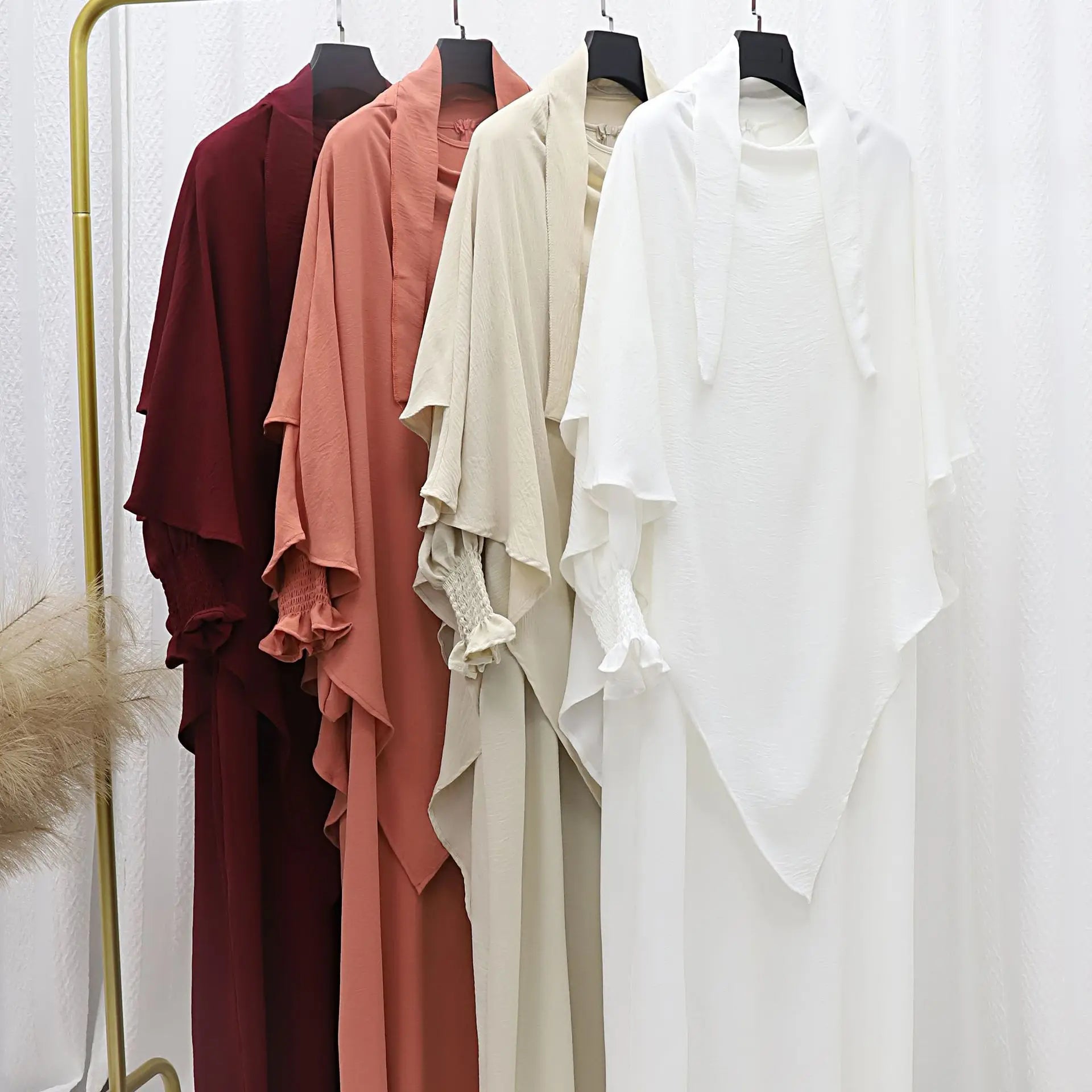 2025 Multi-Color Ruched Sleeve Muslim Abaya and Hijab Set for Women Casual Islamic Clothing with Flowy Design