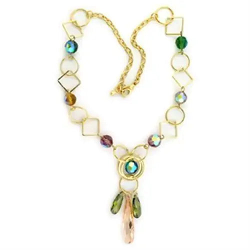 AJ LO721 Gold Brass Necklace Religious Style with Multi-Color Synthetic Glass Bead and Diamond Copper As Main Jewelry Material