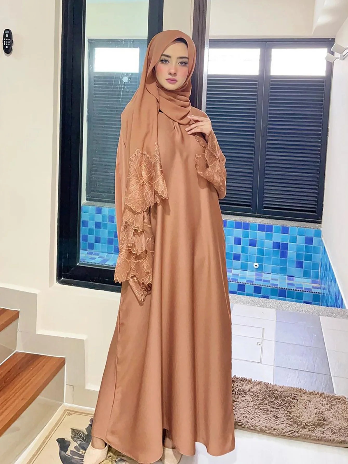 M189# No Diamond Seven Color Abaya for Women Muslim Robe With Headscarf Spring Malay Indonesian Dress Foreign Trade Middle East