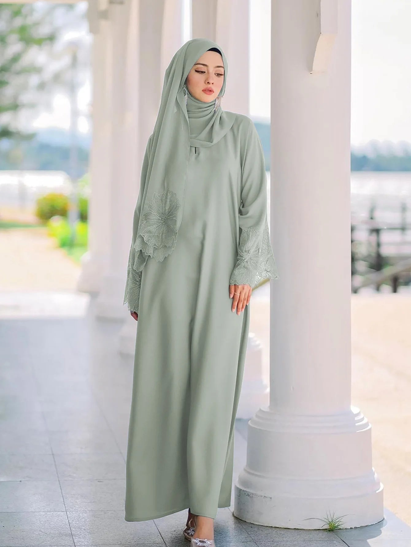 M189# No Diamond Seven Color Abaya for Women Muslim Robe With Headscarf Spring Malay Indonesian Dress Foreign Trade Middle East