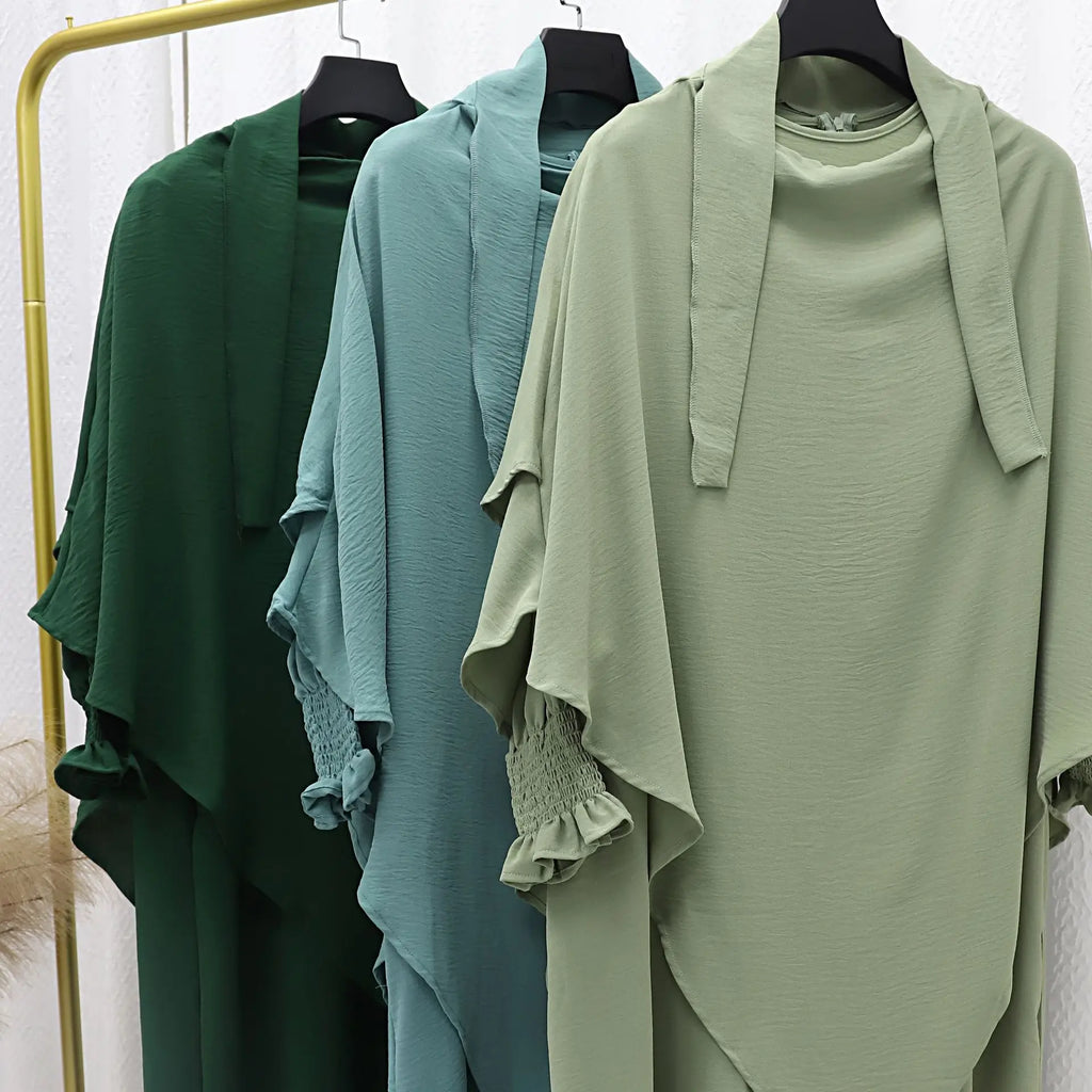 2025 Multi-Color Ruched Sleeve Muslim Abaya and Hijab Set for Women Casual Islamic Clothing with Flowy Design