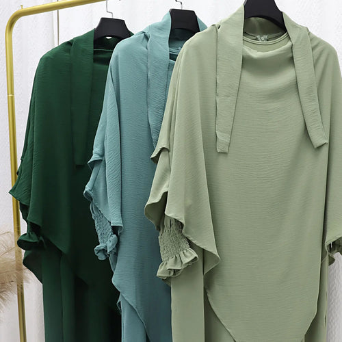 2025 Multi-Color Ruched Sleeve Muslim Abaya and Hijab Set for Women Casual Islamic Clothing with Flowy Design