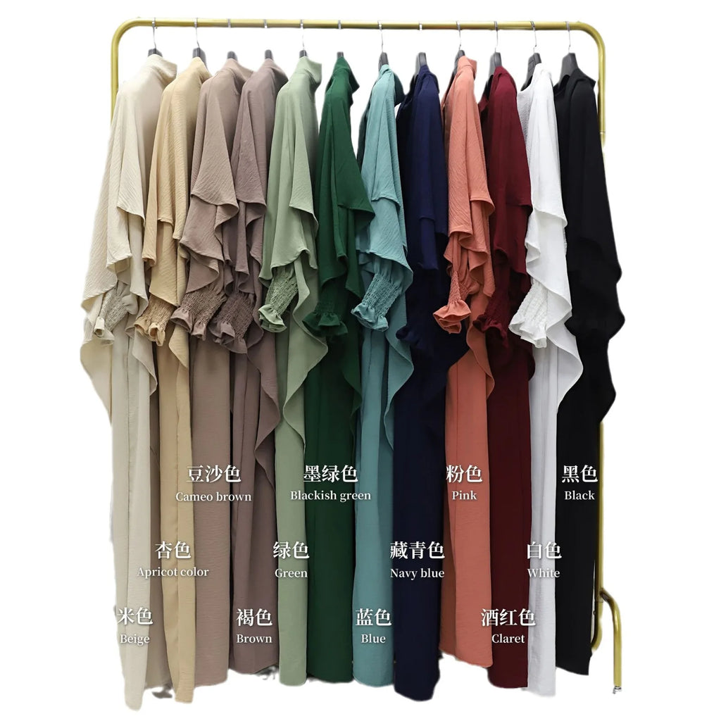 2025 Multi-Color Ruched Sleeve Muslim Abaya and Hijab Set for Women Casual Islamic Clothing with Flowy Design