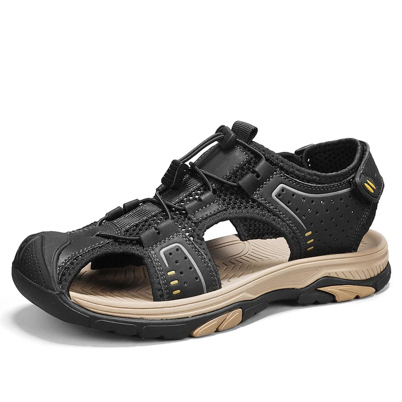 Custom LOGO Service in Ready Stock Rubber Sole Anti Slip Large Size Pure Cow Leather Men Summer Adjustable Closed Toe Sandals