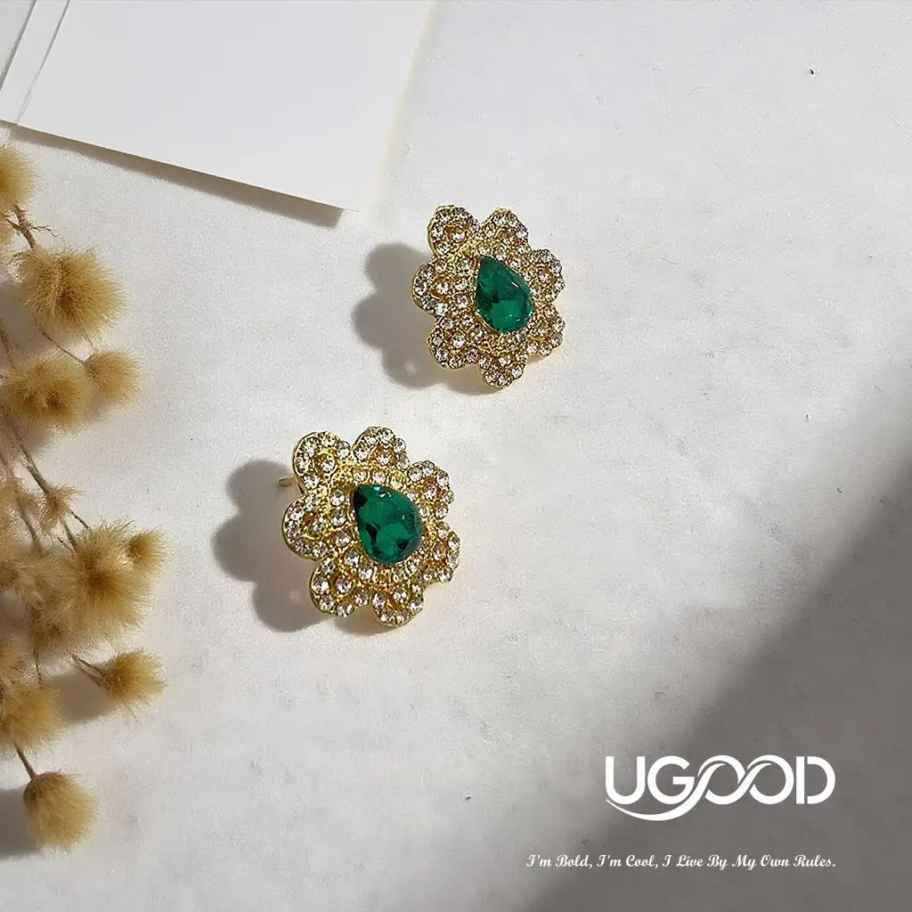 UGood Emerald Gem Zicron Brass Set Elegant Brass Necklace Earrings Ring for Party Fashion Jewelry for Amplifying Aesthetic