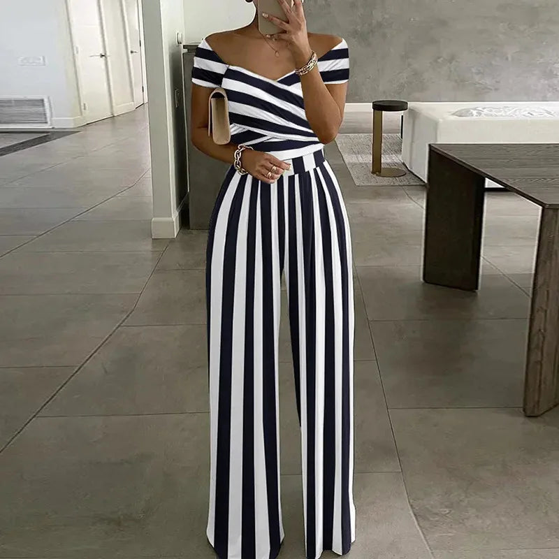 Cross Waisted Drop Shoulder Printed Wide Leg Women's Jumpsuit Sehe Fashion