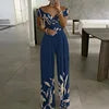 Cross Waisted Drop Shoulder Printed Wide Leg Women's Jumpsuit Sehe Fashion