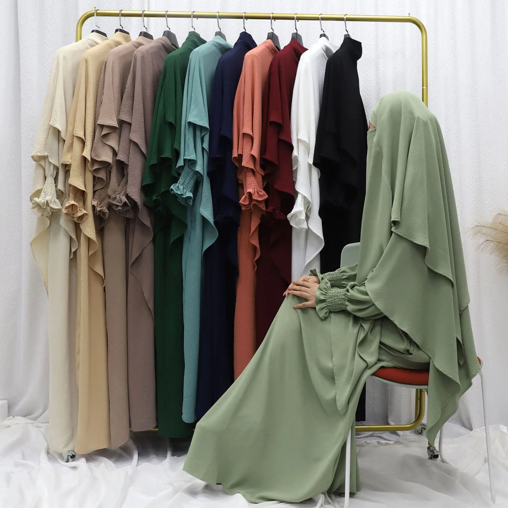 2025 Multi-Color Ruched Sleeve Muslim Abaya and Hijab Set for Women Casual Islamic Clothing with Flowy Design
