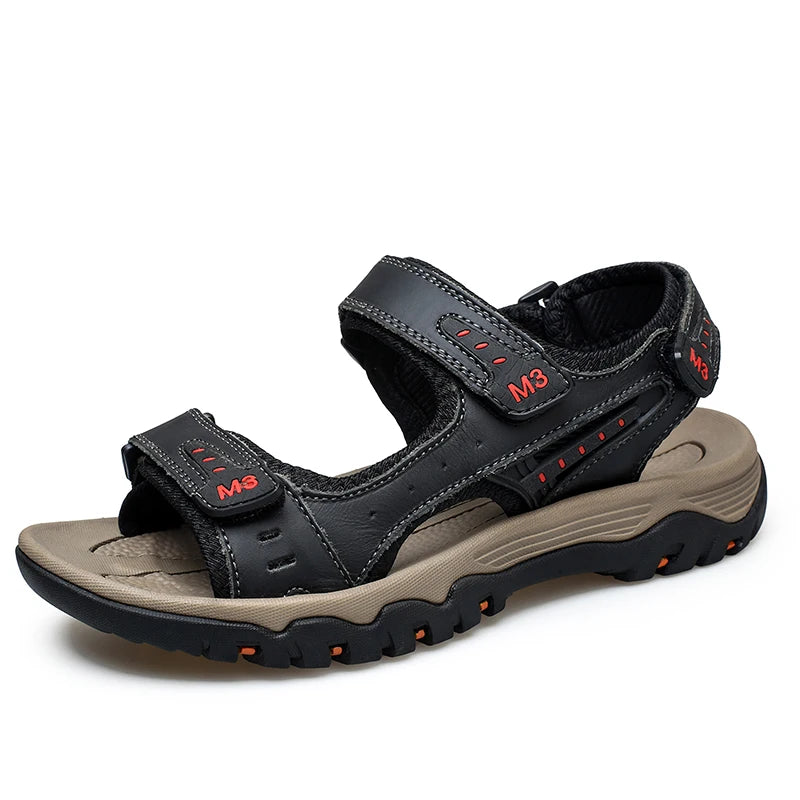 Custom LOGO Service in Ready Stock Rubber Sole Anti Slip Large Size Pure Cow Leather Men Summer Adjustable Closed Toe Sandals