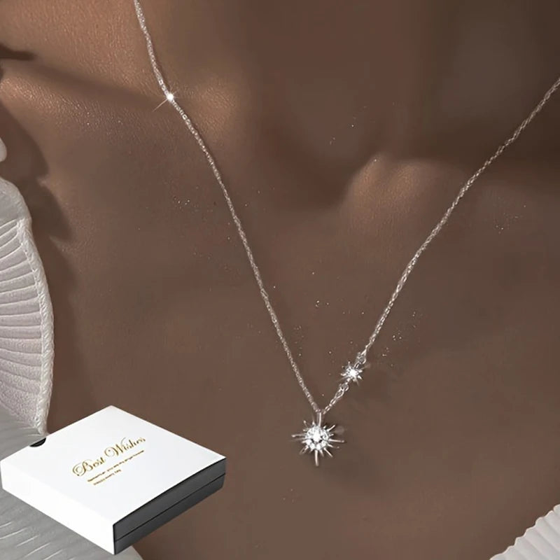 Silver Plating Sun Pendant Necklace with White Decor, Elegant and Sexy Chain Jewelry, Gifts for Women with Gift Box