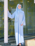 Hot Selling Muslim Women's Modest Dresses Matching Hijab Set Solid Color Elegant Floor Length Lace Splicing Floral Extra-Long