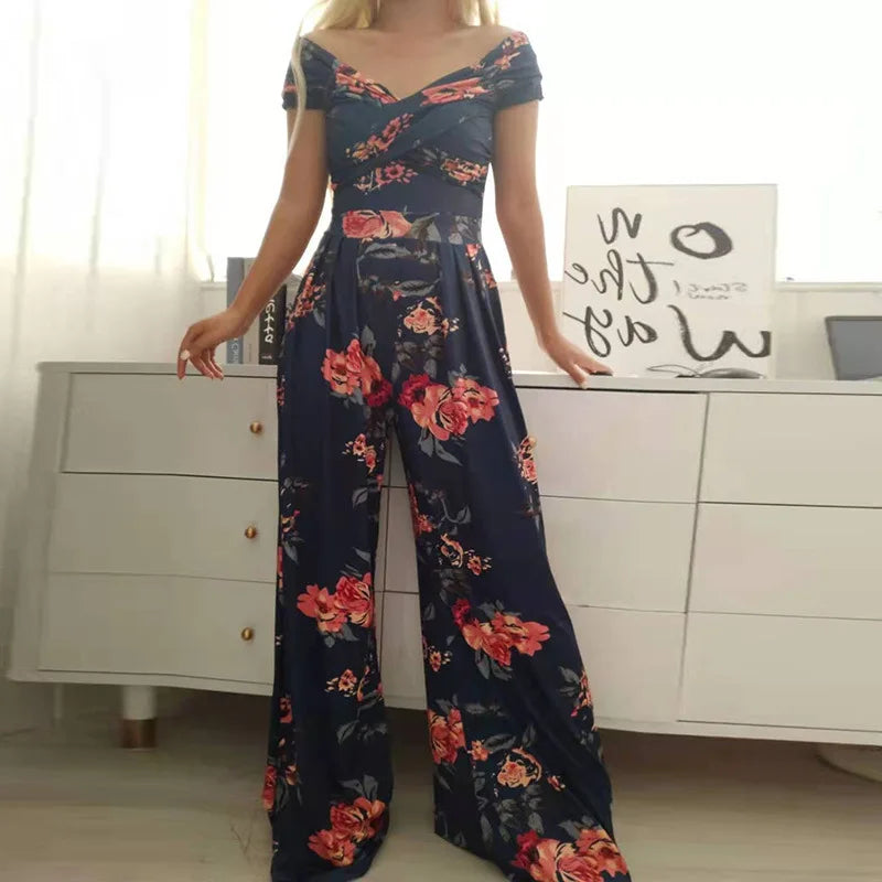 Cross Waisted Drop Shoulder Printed Wide Leg Women's Jumpsuit Sehe Fashion