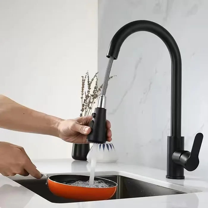 Hot Selling Stainless Steel Black Faucet  Kitchen One Key Water Stop and Pull-out Faucet