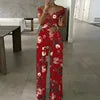 Cross Waisted Drop Shoulder Printed Wide Leg Women's Jumpsuit Sehe Fashion