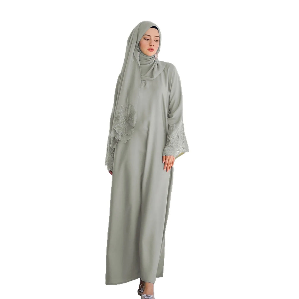Hot Selling Muslim Women's Modest Dresses Matching Hijab Set Solid Color Elegant Floor Length Lace Splicing Floral Extra-Long