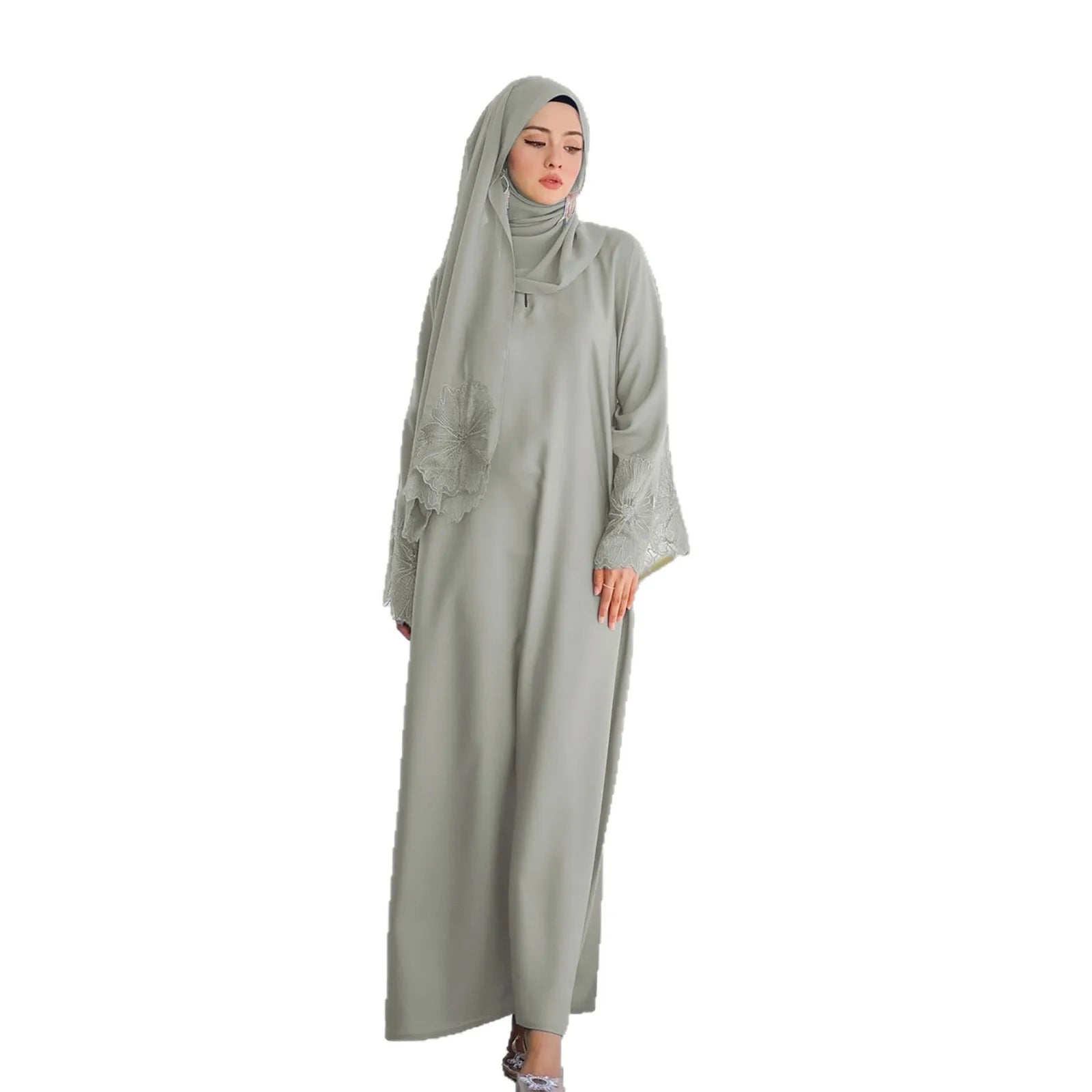 Hot Selling Muslim Women's Modest Dresses Matching Hijab Set Solid Color Elegant Floor Length Lace Splicing Floral Extra-Long