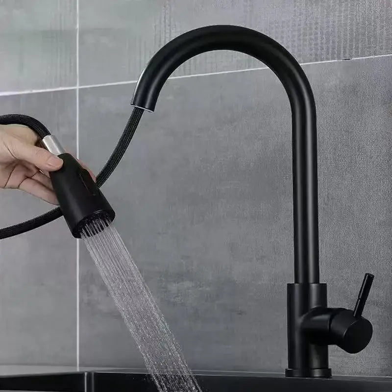 Hot Selling Stainless Steel Black Faucet  Kitchen One Key Water Stop and Pull-out Faucet