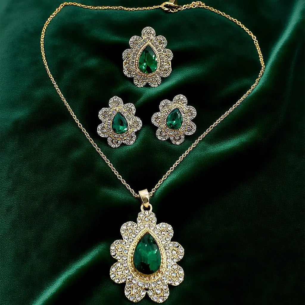 UGood Emerald Gem Zicron Brass Set Elegant Brass Necklace Earrings Ring for Party Fashion Jewelry for Amplifying Aesthetic