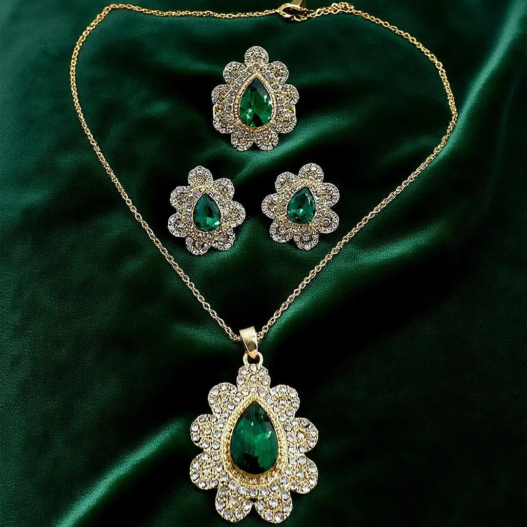 UGood Emerald Gem Zicron Brass Set Elegant Brass Necklace Earrings Ring for Party Fashion Jewelry for Amplifying Aesthetic