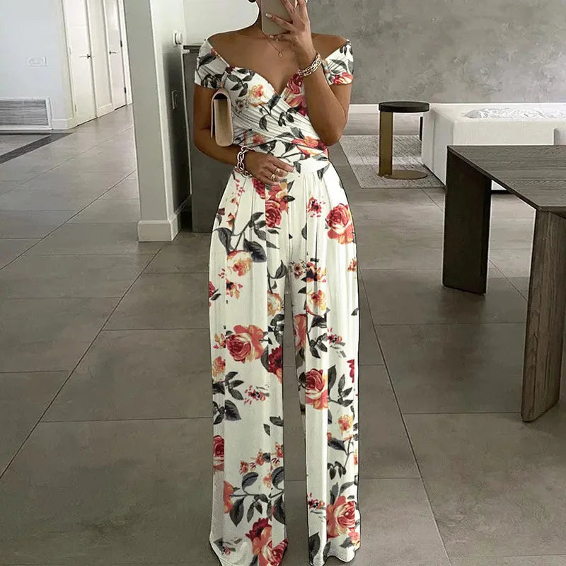 Cross Waisted Drop Shoulder Printed Wide Leg Women's Jumpsuit Sehe Fashion