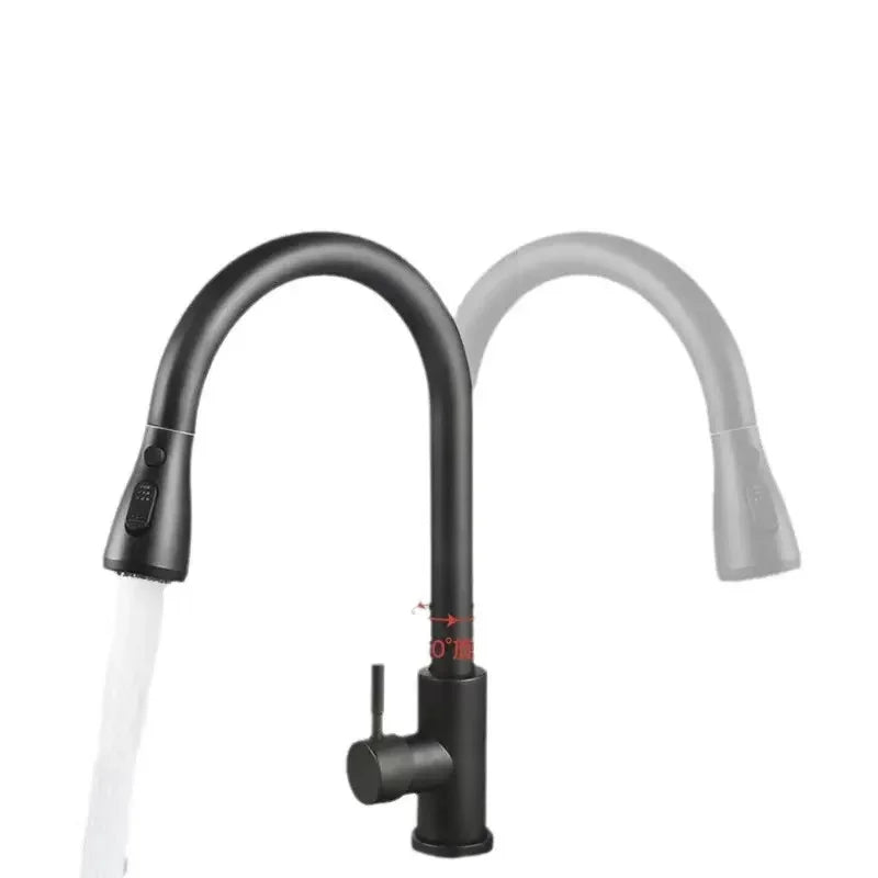 Hot Selling Stainless Steel Black Faucet  Kitchen One Key Water Stop and Pull-out Faucet