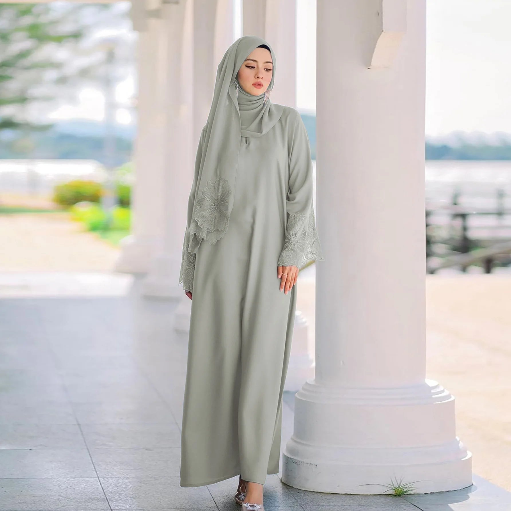 M189# No Diamond Seven Color Abaya for Women Muslim Robe With Headscarf Spring Malay Indonesian Dress Foreign Trade Middle East