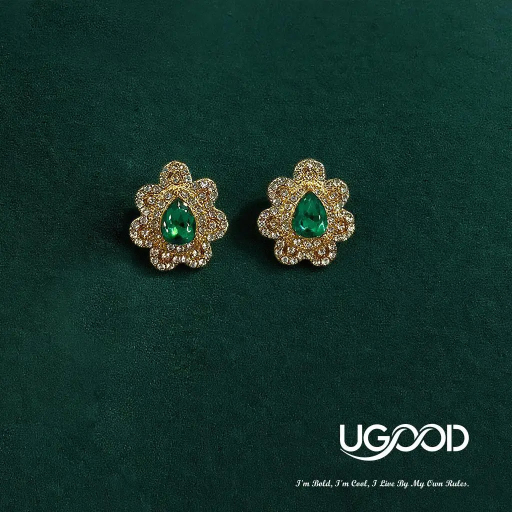 UGood Emerald Gem Zicron Brass Set Elegant Brass Necklace Earrings Ring for Party Fashion Jewelry for Amplifying Aesthetic