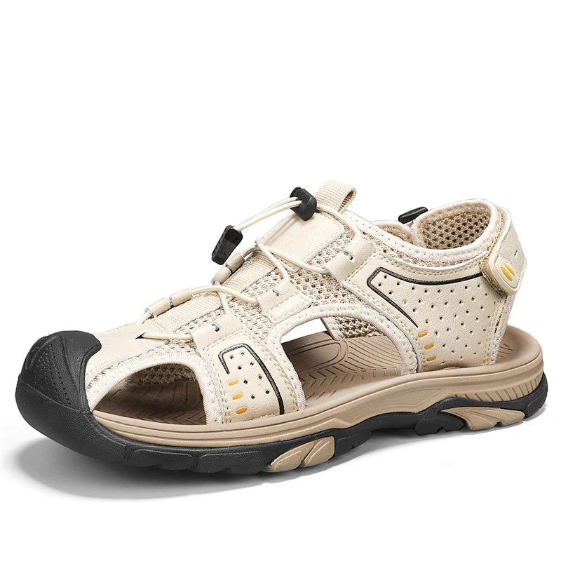 Custom LOGO Service in Ready Stock Rubber Sole Anti Slip Large Size Pure Cow Leather Men Summer Adjustable Closed Toe Sandals