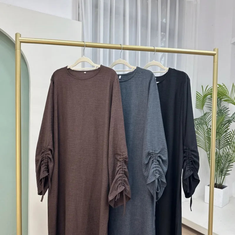 2024 Saudi Arabia Muslim Women Modest Dress Eid Dubai Plain Abaya Islamic Holiday Party Solid Turkey Lace-up Cuffs Long Clothes