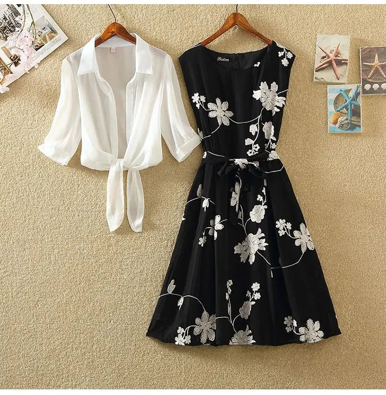 New Elegant Suit Two-piece Dress High Waist Sleeveless Slim A-line Skirt Floral Embroidery White Top Bow Belt Vintage  WOMEN