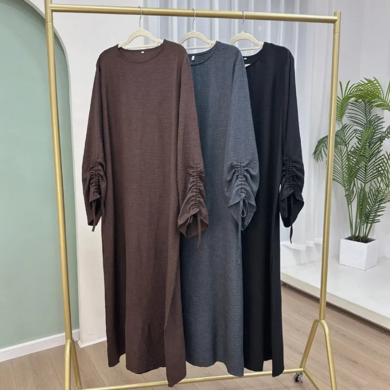2024 Saudi Arabia Muslim Women Modest Dress Eid Dubai Plain Abaya Islamic Holiday Party Solid Turkey Lace-up Cuffs Long Clothes