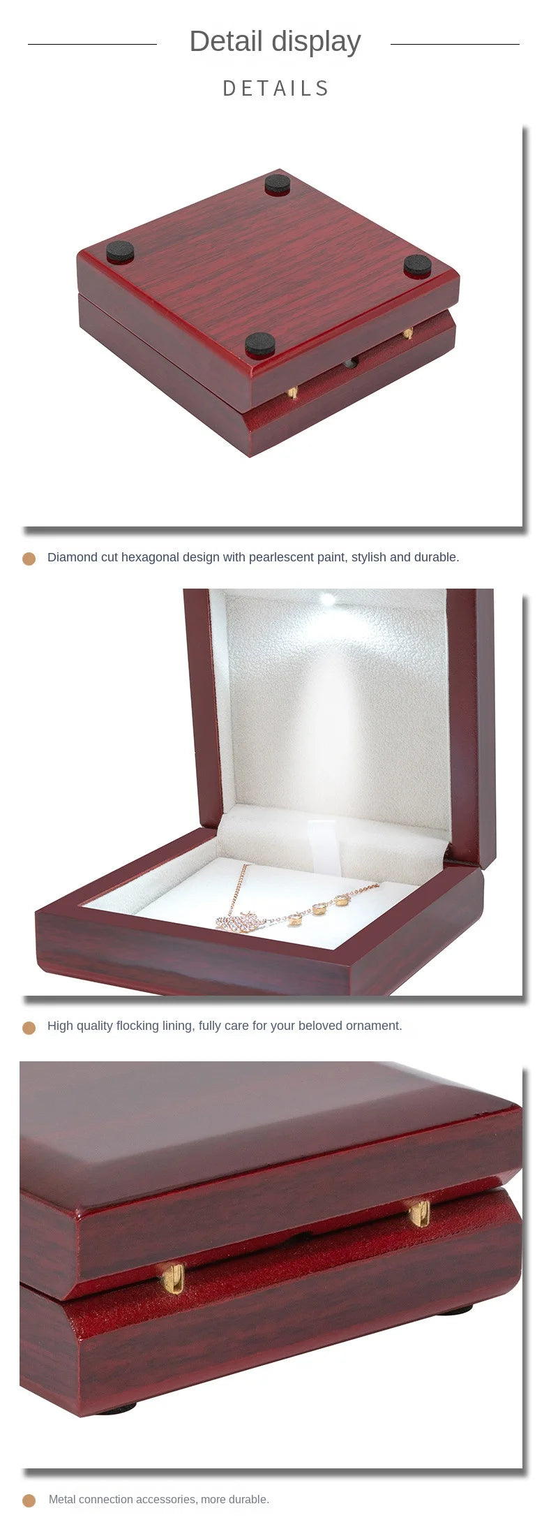 New Arrivals Wooden Wedding Ring Pendant Jewelry Box with LED Light Small Trinket Jewellery Gift Storage Display Case