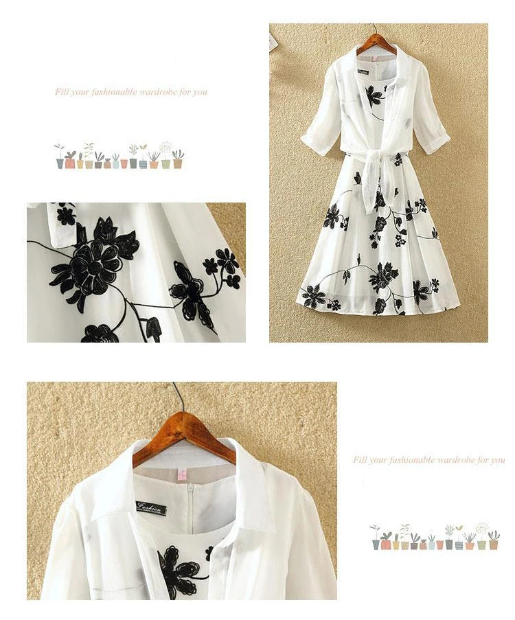 New Elegant Suit Two-piece Dress High Waist Sleeveless Slim A-line Skirt Floral Embroidery White Top Bow Belt Vintage  WOMEN