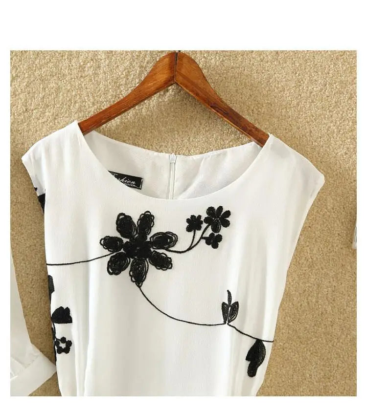 New Elegant Suit Two-piece Dress High Waist Sleeveless Slim A-line Skirt Floral Embroidery White Top Bow Belt Vintage  WOMEN