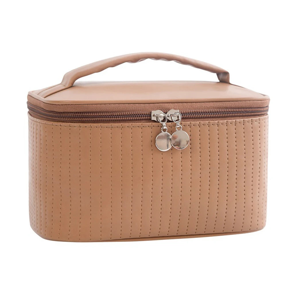 Handheld Solid Color PU Leather Cosmetic Organization Storage Bag Portable Travel Toiletry Pouch for Women