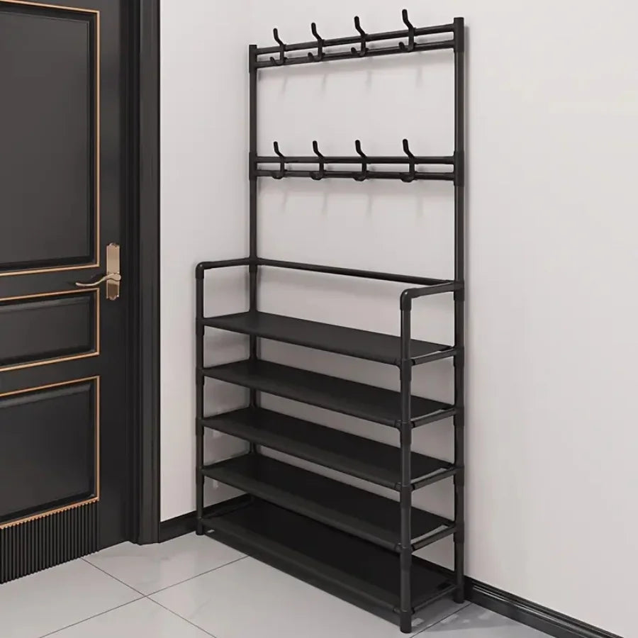 A clothes hanger and shoe rack at the entrance, used for storing shoes, clothes, jackets, hats, bags, umbrellas in the hallway