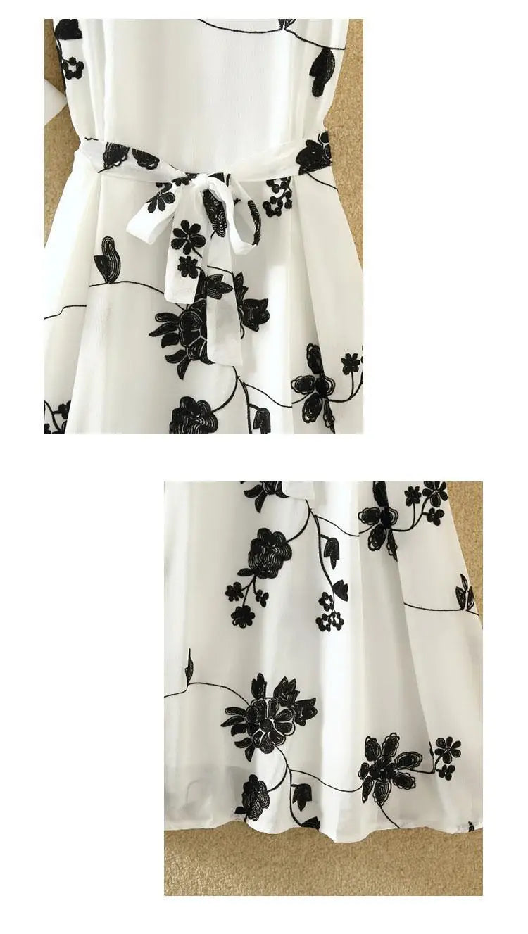 New Elegant Suit Two-piece Dress High Waist Sleeveless Slim A-line Skirt Floral Embroidery White Top Bow Belt Vintage  WOMEN