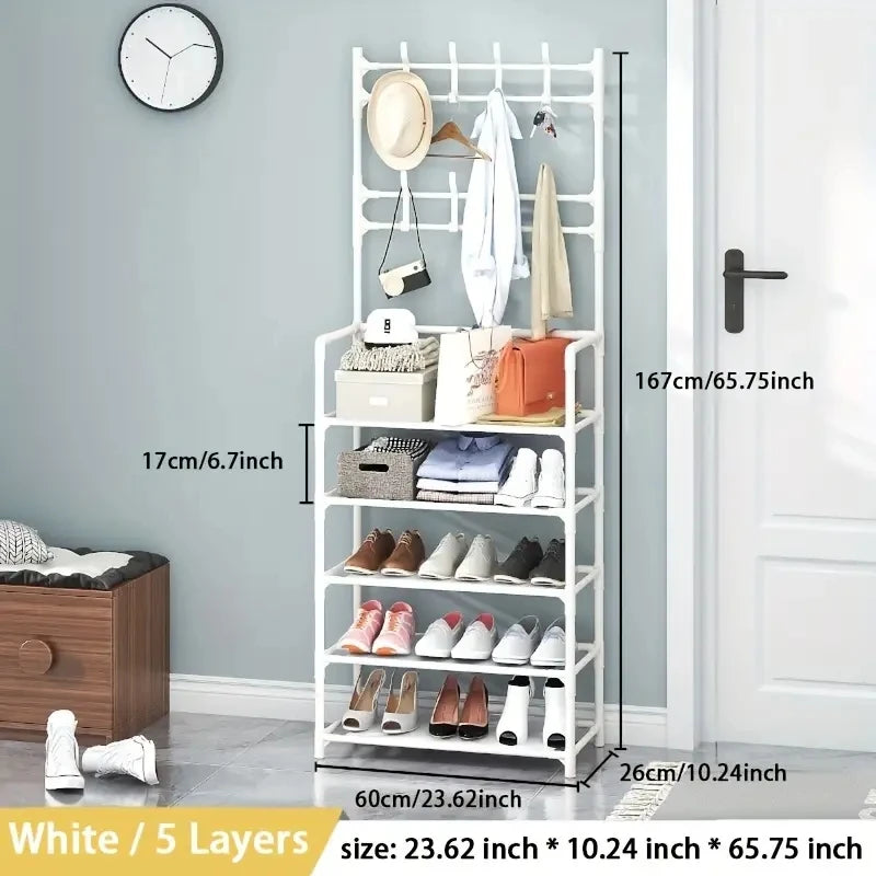 A clothes hanger and shoe rack at the entrance, used for storing shoes, clothes, jackets, hats, bags, umbrellas in the hallway