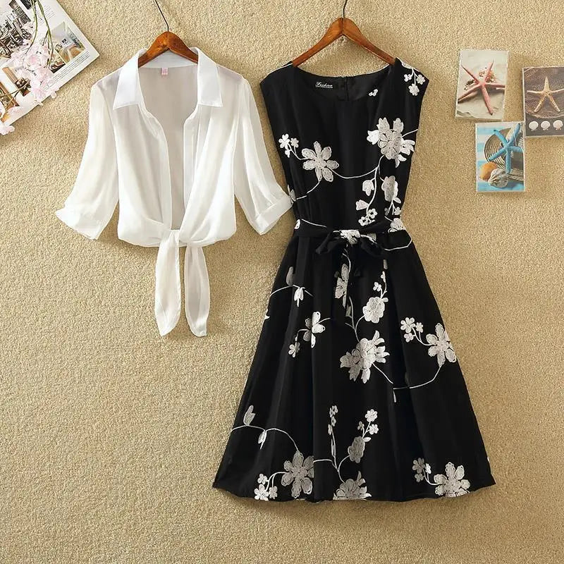 New Elegant Suit Two-piece Dress High Waist Sleeveless Slim A-line Skirt Floral Embroidery White Top Bow Belt Vintage  WOMEN