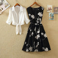 New Elegant Suit Two-piece Dress High Waist Sleeveless Slim A-line Skirt Floral Embroidery White Top Bow Belt Vintage  WOMEN