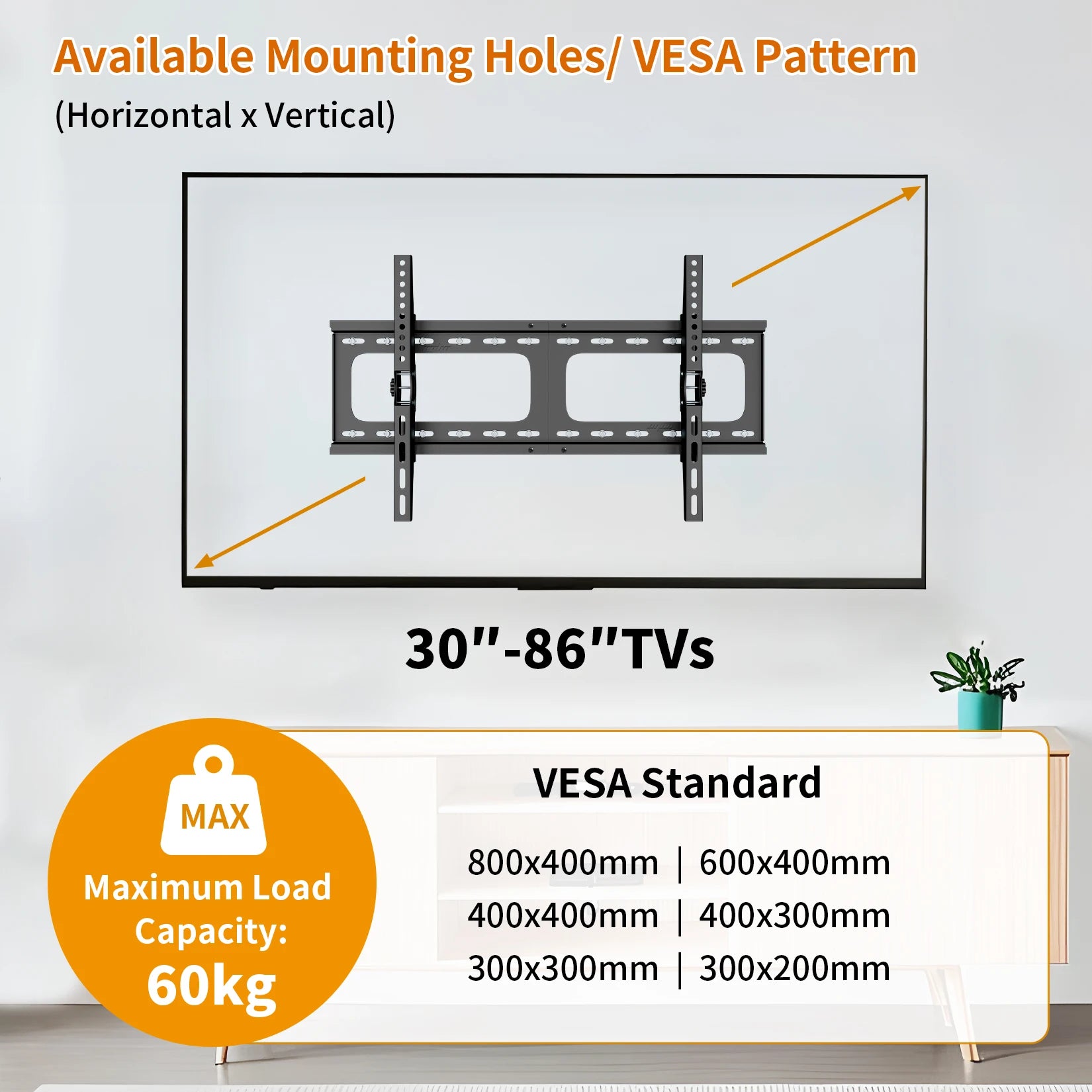 Ultra Slim Tilting TV Wall Mount Bracket Universal for 30-86 Inches Max Load 60kg