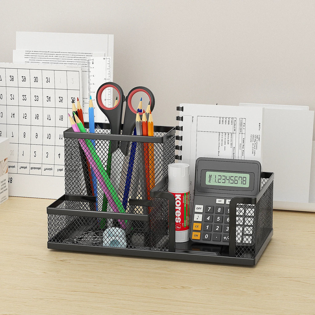 Black Mesh Desk Organizer - 3-Tier Storage with Pencil Holder & Baskets,Office Supplies Organizer for Desktop, Home & School Use